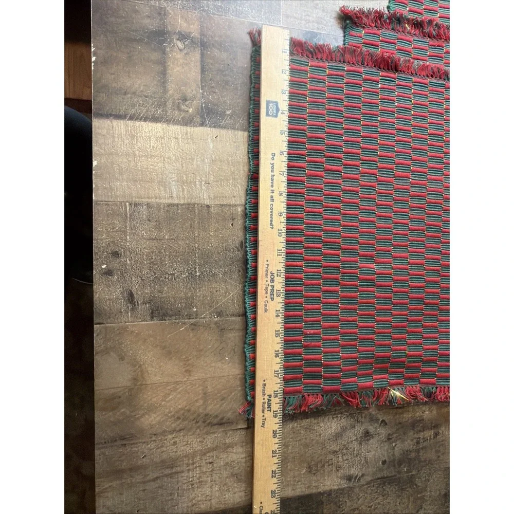 Vtg Handwoven Placemats Set of 5 Red Hunter‎ Green Metallic Gold Illusion Fringe